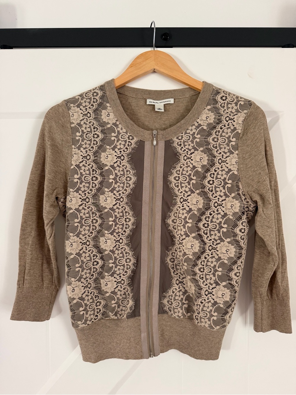 Banana Republic Taupe Lace-Front Zip Cardigan